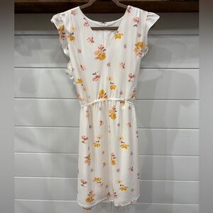 LOFT White Midi Dress with Pink and Yellow Floral Design